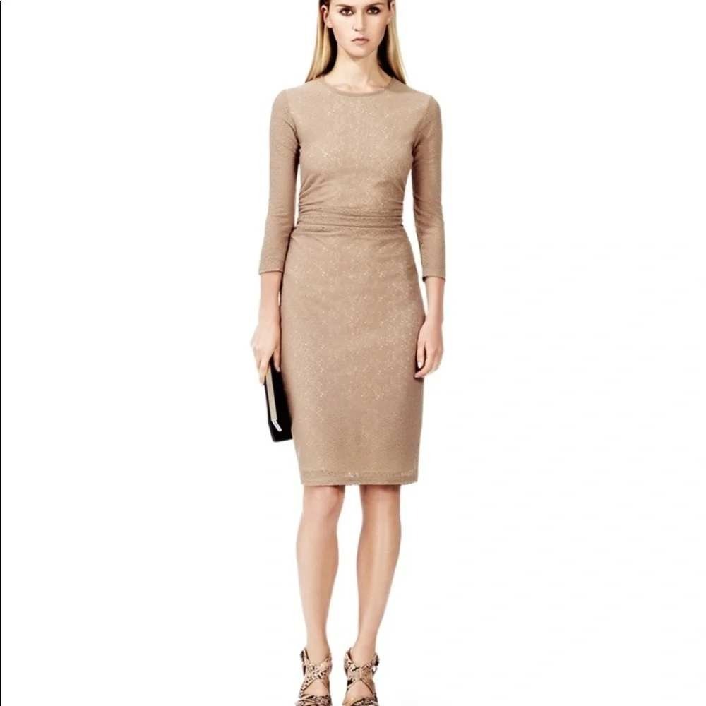Reiss 1971 Taupe Metallic Lace Ruched Sheath Dress 3/4 Sleeve Size 0